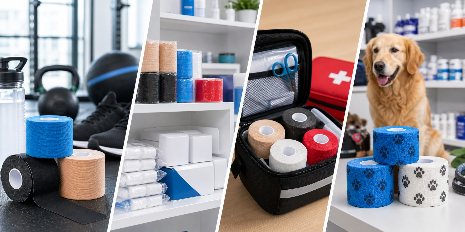 Applications for kinesiology tape and cohesive bandage in sports, clinic supply, first aid, and pet care