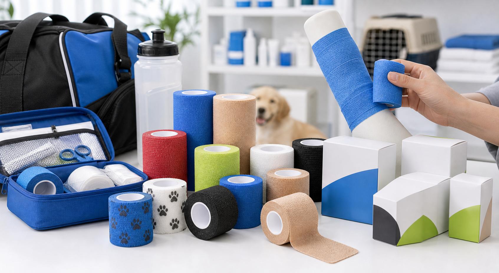 Cohesive bandage first aid and veterinary supply scene